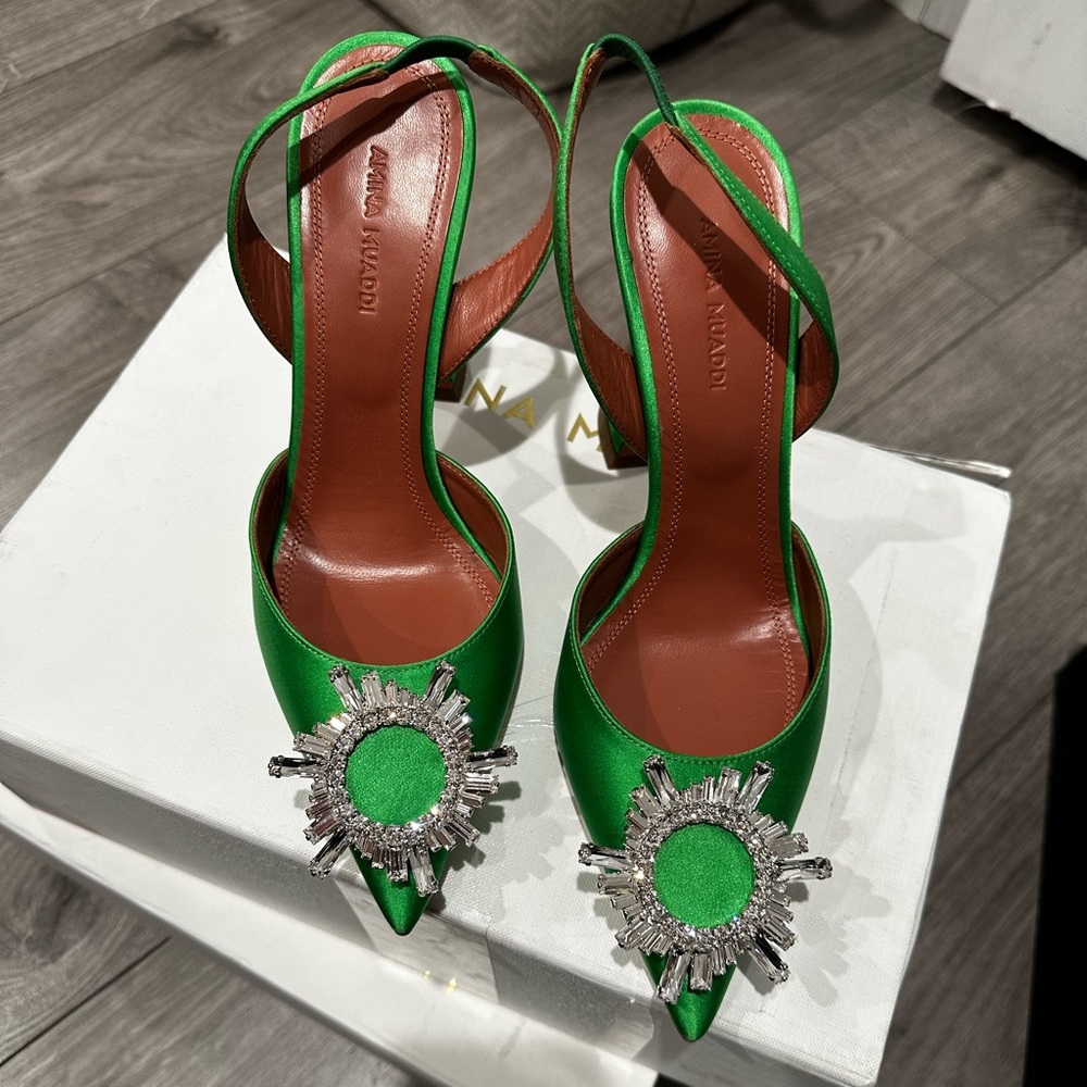 Brand new Amina Muaddi Begum Sling in Green, Satin size 37